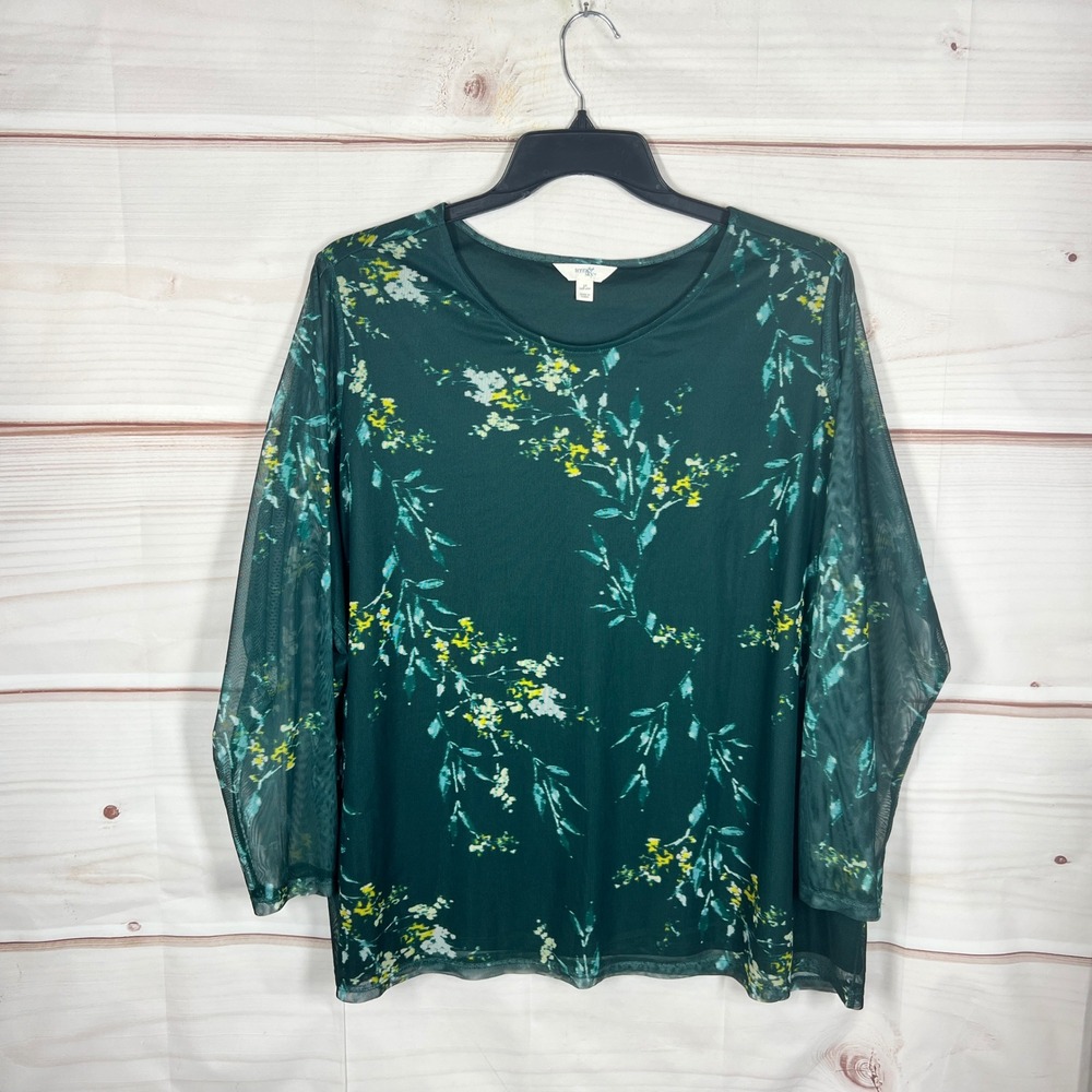 Terra & Sky Mesh Top Women 3X Green Floral Long Sleeve Sheer Overlay